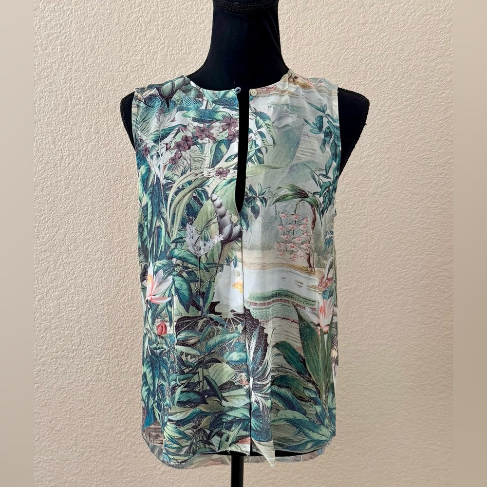 H & M Conscious Collection Tropical Button-Up Sleeveless Blouse Sz 6-8 High Low - Picture 7 of 12